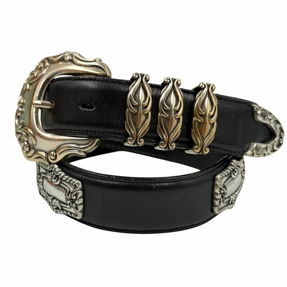 Lady Nadim 1997 Western Concho Belt Black Leather Engraved Silver Hardware 28 M